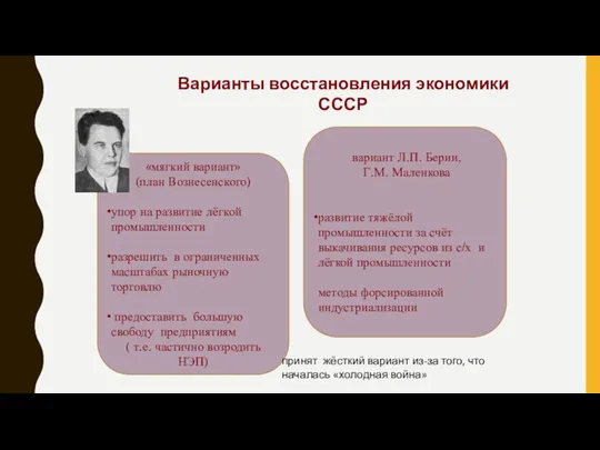 Варианты восстановления экономики СССР «мягкий вариант» (план Вознесенского) упор на