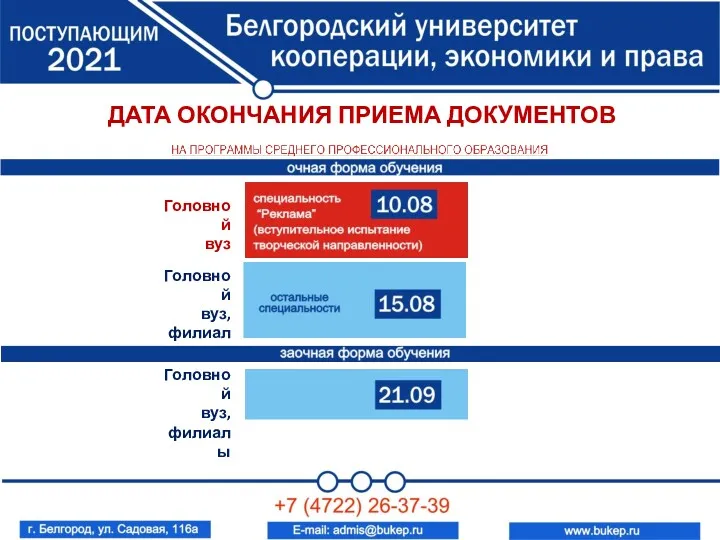 ДАТА ОКОНЧАНИЯ ПРИЕМА ДОКУМЕНТОВ Головной вуз Головной вуз, филиалы Головной вуз, филиалы