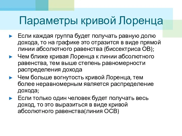 Параметры кривой Лоренца Если каждая группа будет получать равную долю