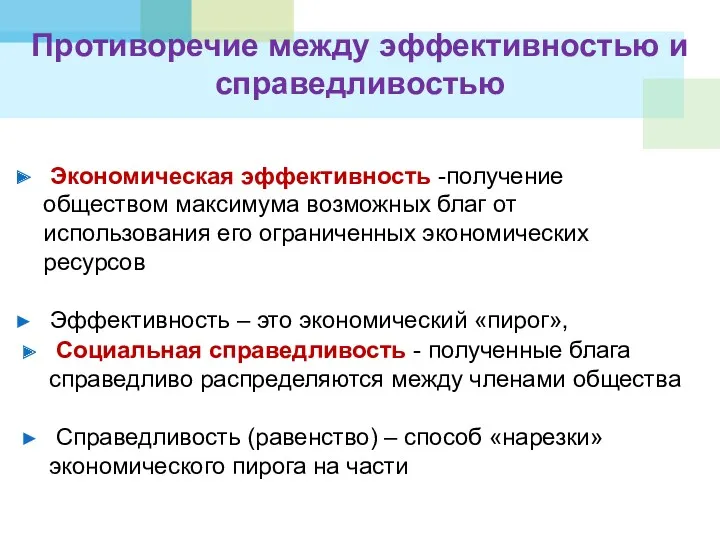 Противоречие между эффективностью и справедливостью Экономическая эффективность -получение обществом максимума