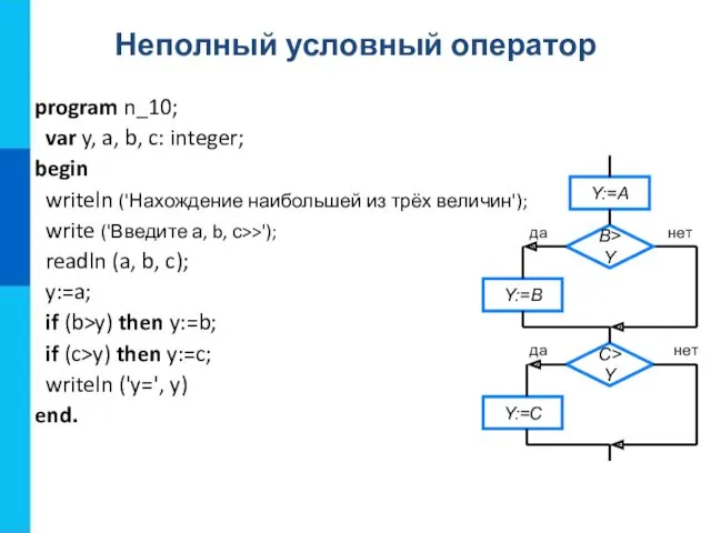 Неполный условный оператор program n_10; var y, a, b, c: integer; begin writeln