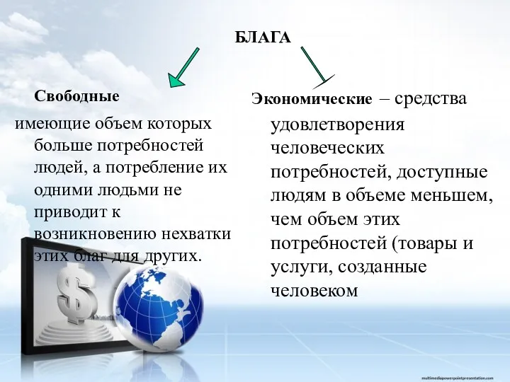 БЛАГА Свободные имеющие объем которых больше потребностей людей, а потребление