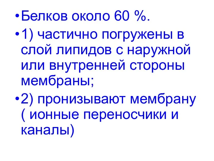 Белков около 60 %. 1) частично погружены в слой липидов