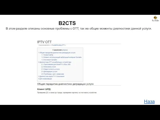 B2CTS В этом разделе описаны основные проблемы с ОТТ, так же общие моменты