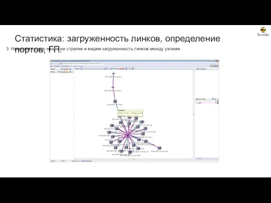 3. Наводим курсор мыши на стрелки и видим загруженность линков между узлами. Статистика: