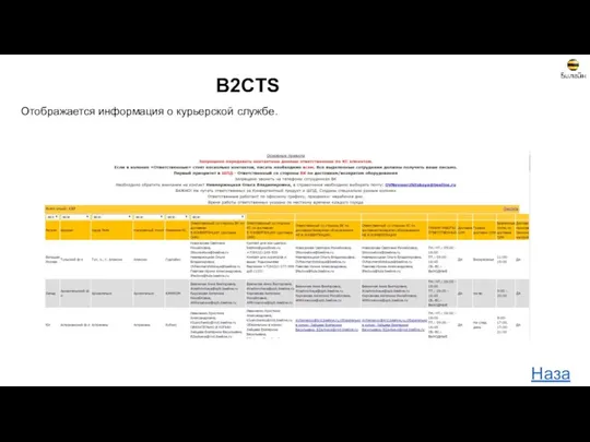 B2CTS Отображается информация о курьерской службе. Назад