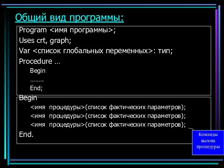 Общий вид программы: Program ; Uses crt, graph; Var :