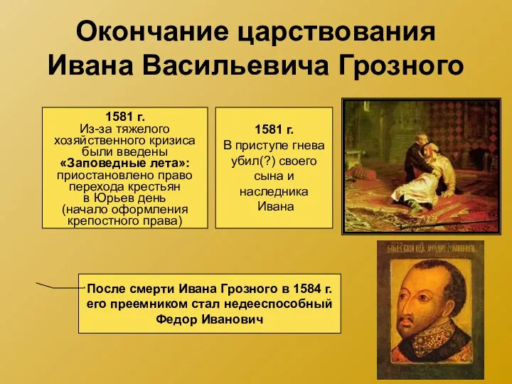 Окончание царствования Ивана Васильевича Грозного 1581 г. Из-за тяжелого хозяйственного кризиса были введены