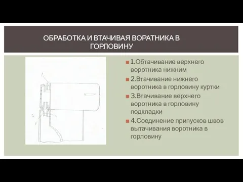 1.Обтачивание верхнего воротника нижним 2.Втачивание нижнего воротника в горловину куртки