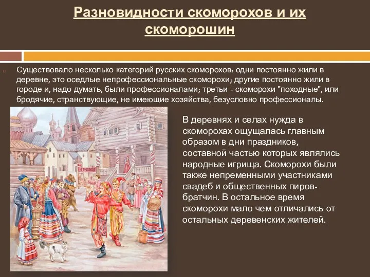 Разновидности скоморохов и их скоморошин Существовало несколько категорий русских скоморохов: