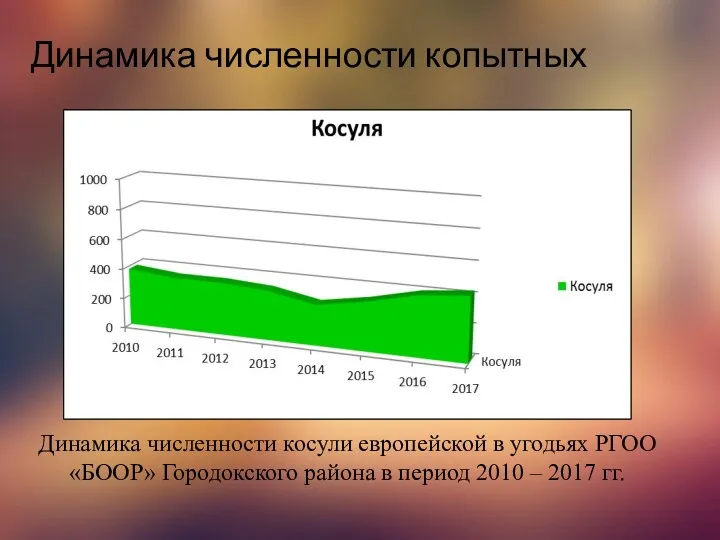 Динамика численности копытных Динамика численности косули европейской в угодьях РГОО «БООР» Городокского района