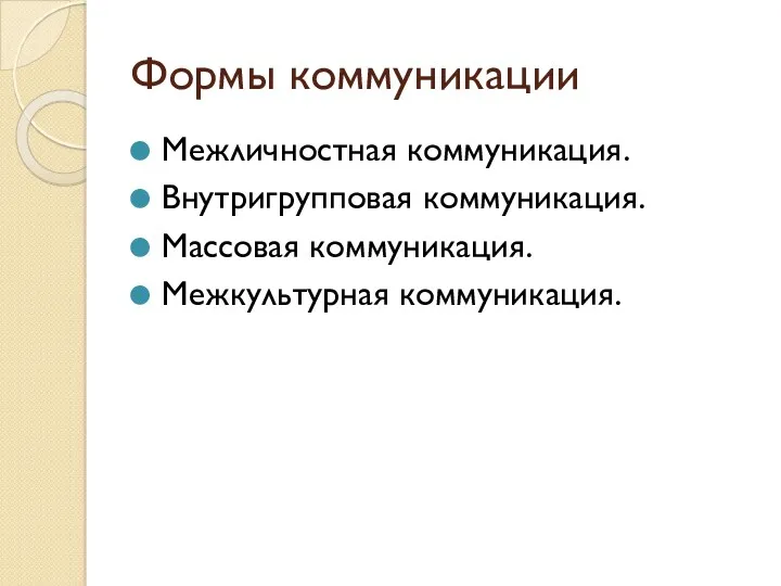 Формы коммуникации Межличностная коммуникация. Внутригрупповая коммуникация. Массовая коммуникация. Межкультурная коммуникация.