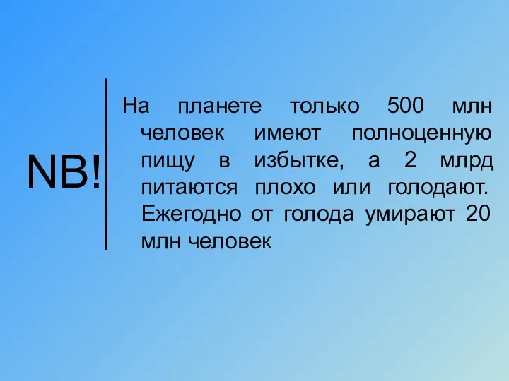 NB! На планете только 500 млн человек имеют полноценную пищу