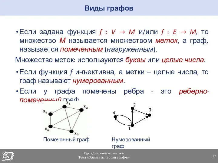 Если задана функция f : V → M и/или f