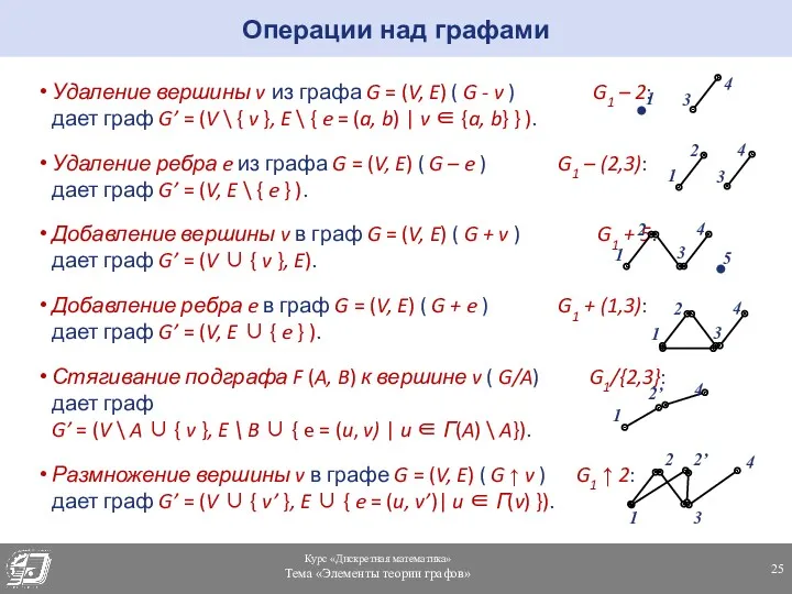 Удаление вершины v из графа G = (V, E) (