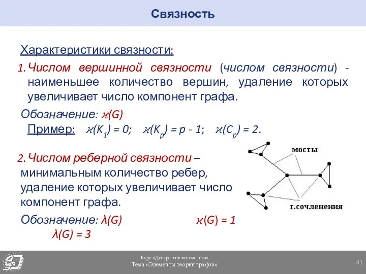 Связность Характеристики связности: Числом вершинной связности (числом связности) - наименьшее