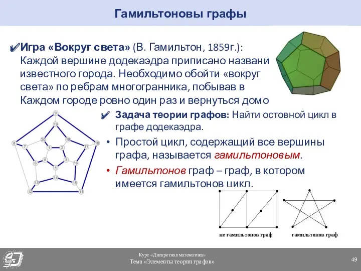 Игра «Вокруг света» (В. Гамильтон, 1859г.): Каждой вершине додекаэдра приписано