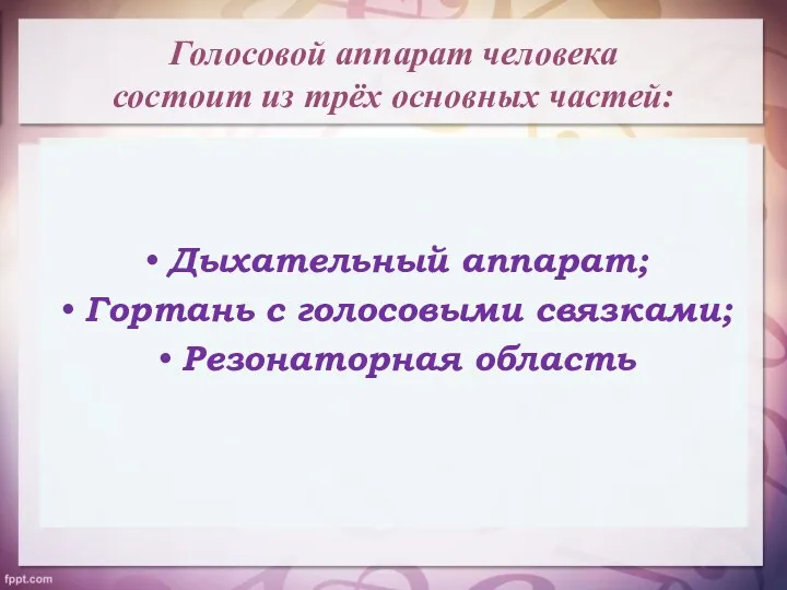 Голосовой аппарат человека состоит из трёх основных частей: Дыхательный аппарат; Гортань с голосовыми связками; Резонаторная область