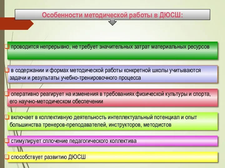 Особенности методической работы в ДЮСШ: проводится непрерывно, не требует значительных