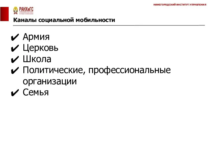 Каналы социальной мобильности НИЖЕГОРОДСКИЙ ИНСТИТУТ УПРАВЛЕНИЯ Армия Церковь Школа Политические, профессиональные организации Семья