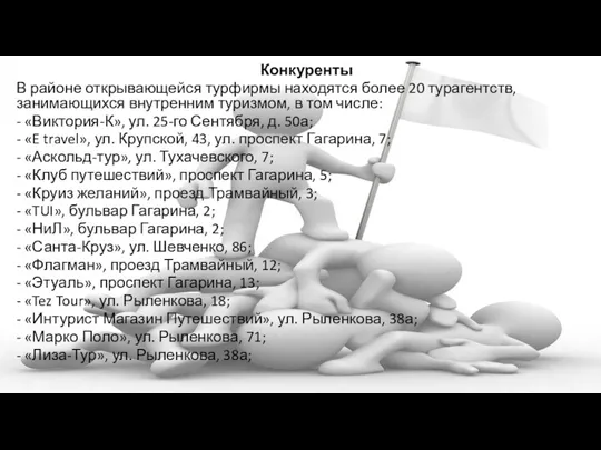 Конкуренты В районе открывающейся турфирмы находятся более 20 турагентств, занимающихся