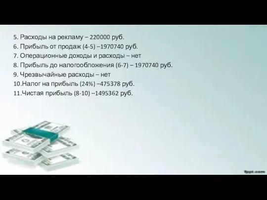 5. Расходы на рекламу – 220000 руб. 6. Прибыль от