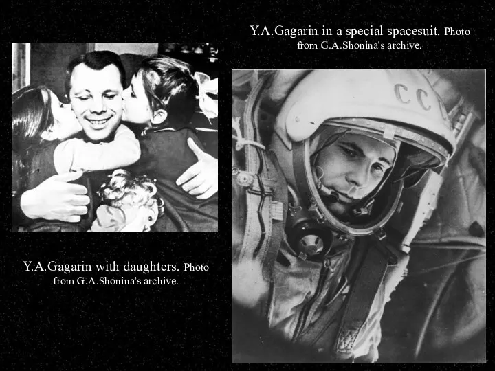 Y.A.Gagarin with daughters. Photo from G.A.Shonina's archive. Y.A.Gagarin in a special spacesuit. Photo from G.A.Shonina's archive.