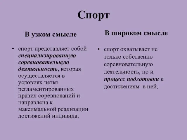 Спорт В узком смысле спорт представляет собой специализированную соревновательную деятельность,