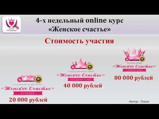 20 000 рублей Стоимость участия 4-х недельный online курс «Женское