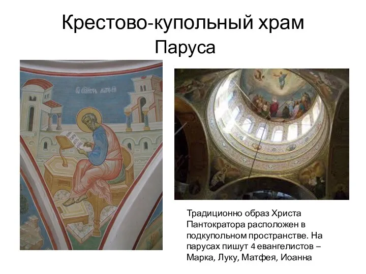 Крестово-купольный храм Паруса Традиционно образ Христа Пантократора расположен в подкупольном