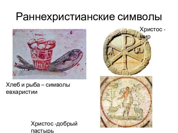Раннехристианские символы Хлеб и рыба – символы евхаристии Христос - мир Христос -добрый пастырь