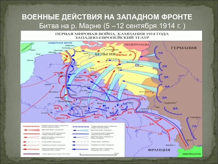 ВОЕННЫЕ ДЕЙСТВИЯ НА ЗАПАДНОМ ФРОНТЕ Битва на р. Марне (5 –12 сентября 1914 г. )