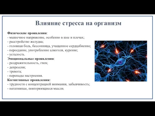 Влияние стресса на организм Физические проявления: - мышечное напряжение, особенно