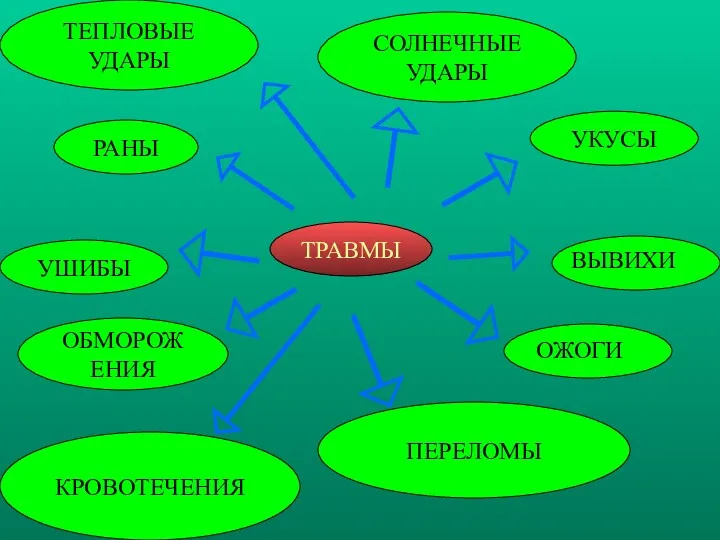 ПЕРЕЛОМЫ ТРАВМЫ РАНЫ УШИБЫ КРОВОТЕЧЕНИЯ ОБМОРОЖЕНИЯ УКУСЫ ТЕПЛОВЫЕ УДАРЫ ОЖОГИ ВЫВИХИ СОЛНЕЧНЫЕ УДАРЫ