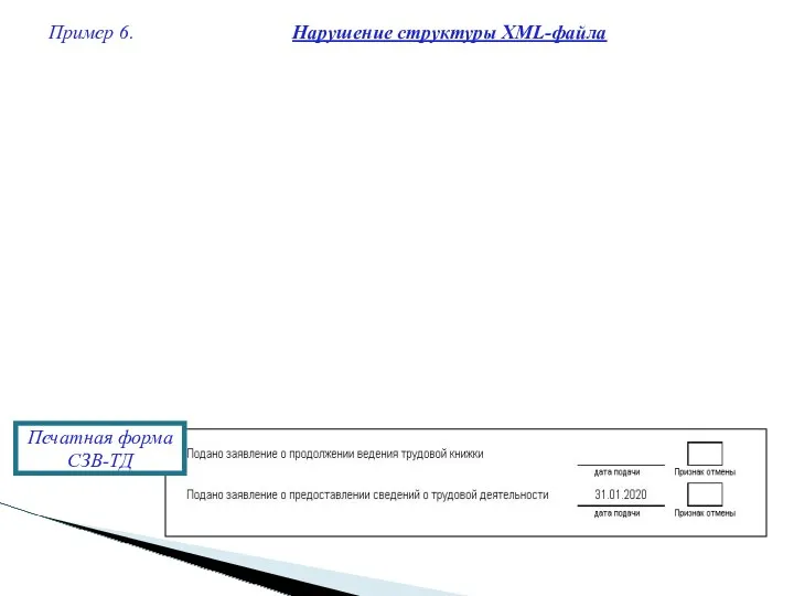 Пример 6. Нарушение структуры XML-файла Печатная форма СЗВ-ТД