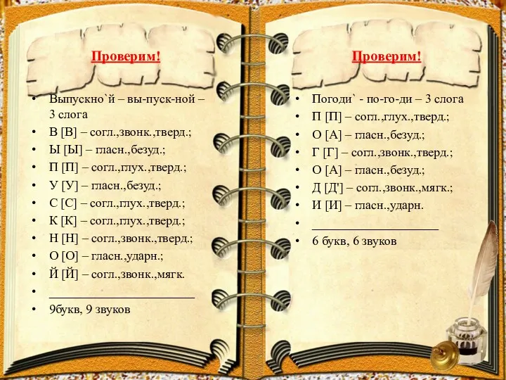 Проверим! Выпускно`й – вы-пуск-ной – 3 слога В [В] –