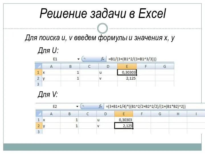 Решение задачи в Excel Для поиска u, v введем формулы