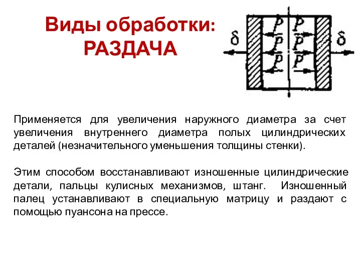 Виды обработки: РАЗДАЧА Применяется для увеличения наружного диаметра за счет