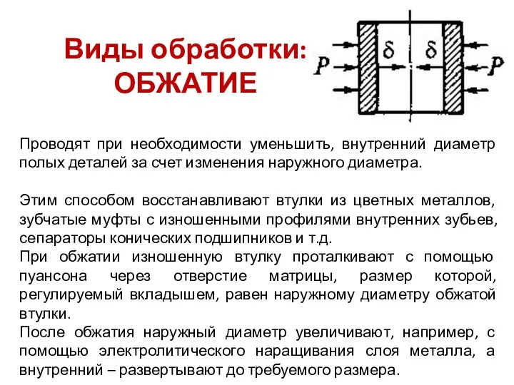 Виды обработки: ОБЖАТИЕ Проводят при необходимости уменьшить, внутренний диаметр полых