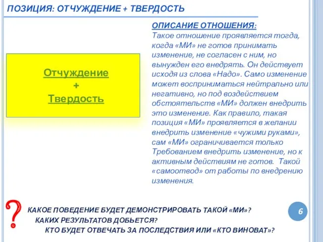 6 ПОЗИЦИЯ: ОТЧУЖДЕНИЕ + ТВЕРДОСТЬ ОПИСАНИЕ ОТНОШЕНИЯ: Такое отношение проявляется