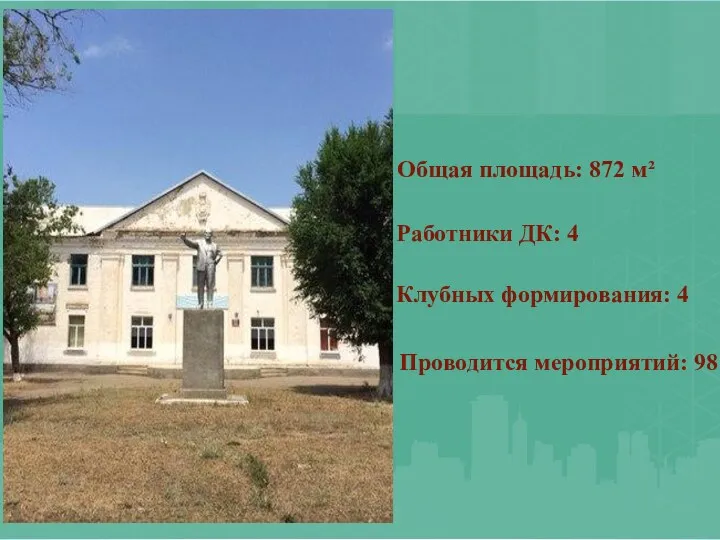 Общая площадь: 872 м² Клубных формирования: 4 Работники ДК: 4 Проводится мероприятий: 98