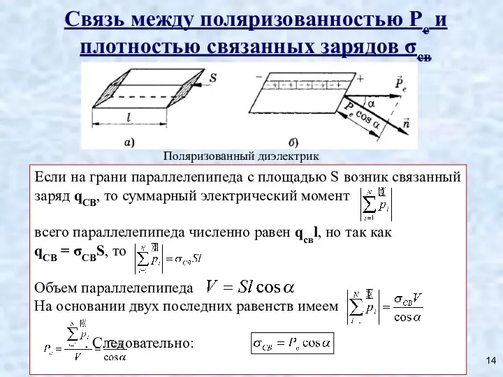 Связь между поляризованностью Ре и плотностью связанных зарядов σсв Если