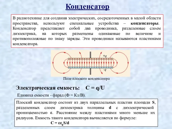 Конденсатор В радиотехнике для создания электрических, сосредоточенных в малой области