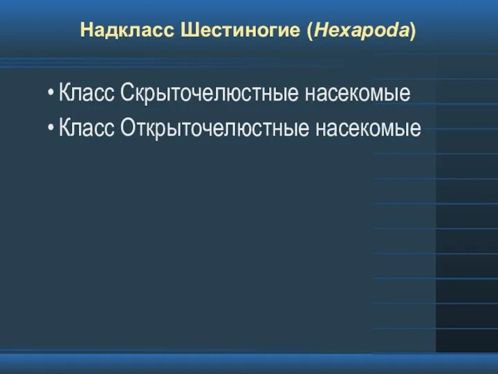 Надкласс Шестиногие (Hexapoda) Класс Скрыточелюстные насекомые Класс Открыточелюстные насекомые