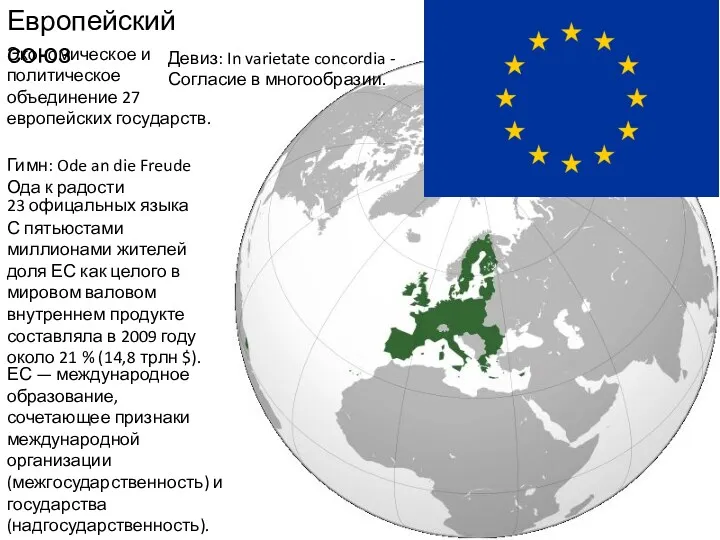 Европейский союз Экономическое и политическое объединение 27 европейских государств. С
