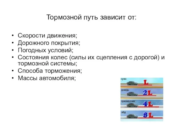 Тормозной путь зависит от: Скорости движения; Дорожного покрытия; Погодных условий;