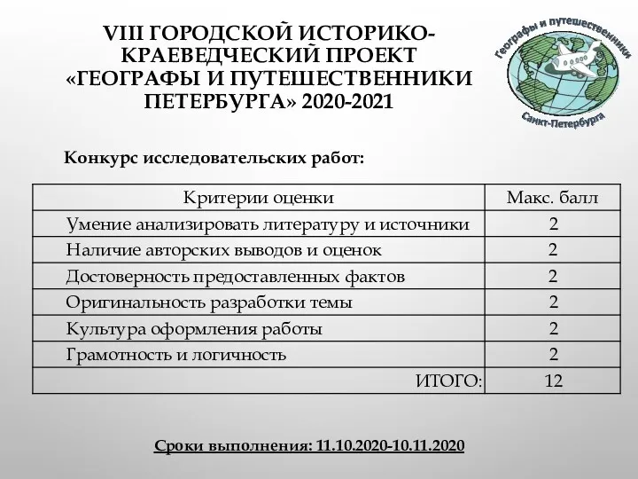 VIII ГОРОДСКОЙ ИСТОРИКО-КРАЕВЕДЧЕСКИЙ ПРОЕКТ «ГЕОГРАФЫ И ПУТЕШЕСТВЕННИКИ ПЕТЕРБУРГА» 2020-2021 Конкурс исследовательских работ: Сроки выполнения: 11.10.2020-10.11.2020