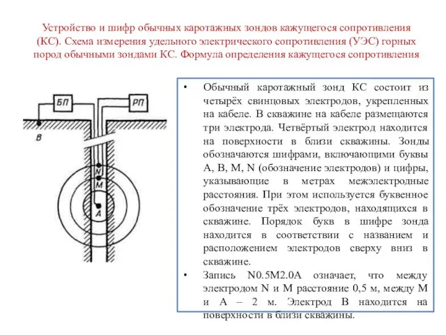 Устройство и шифр обычных каротажных зондов кажущегося сопротивления (КС). Схема