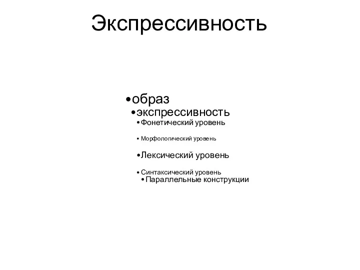 Экспрессивность образ экспрессивность Фонетический уровень Морфологический уровень Лексический уровень Синтаксический уровень Параллельные конструкции