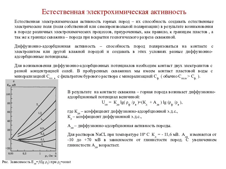 Естественная электрохимическая активность Естественная электрохимическая активность горных пород – их способность создавать естественные